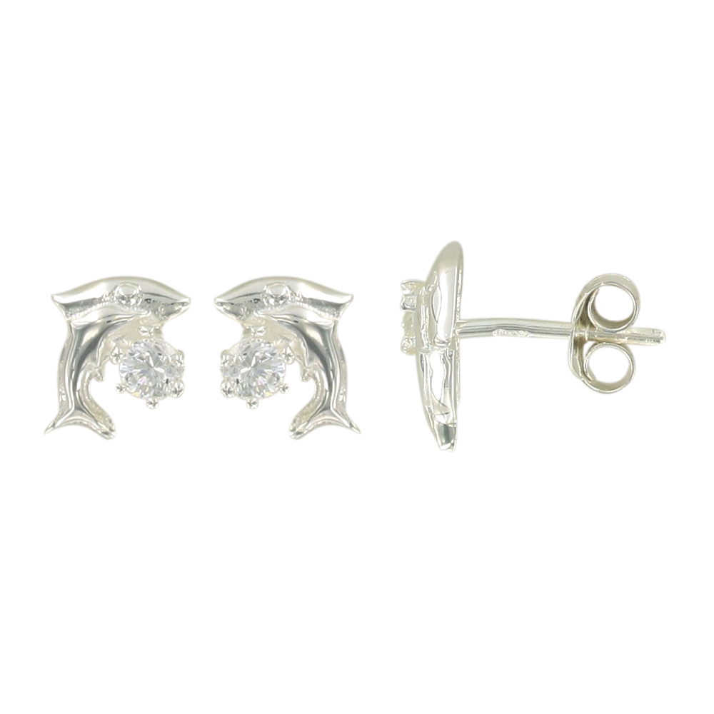 Boucles d'Oreilles Dauphin - Oxyde  de zirconium - Argent  925/1000 rhodié - Enfant 