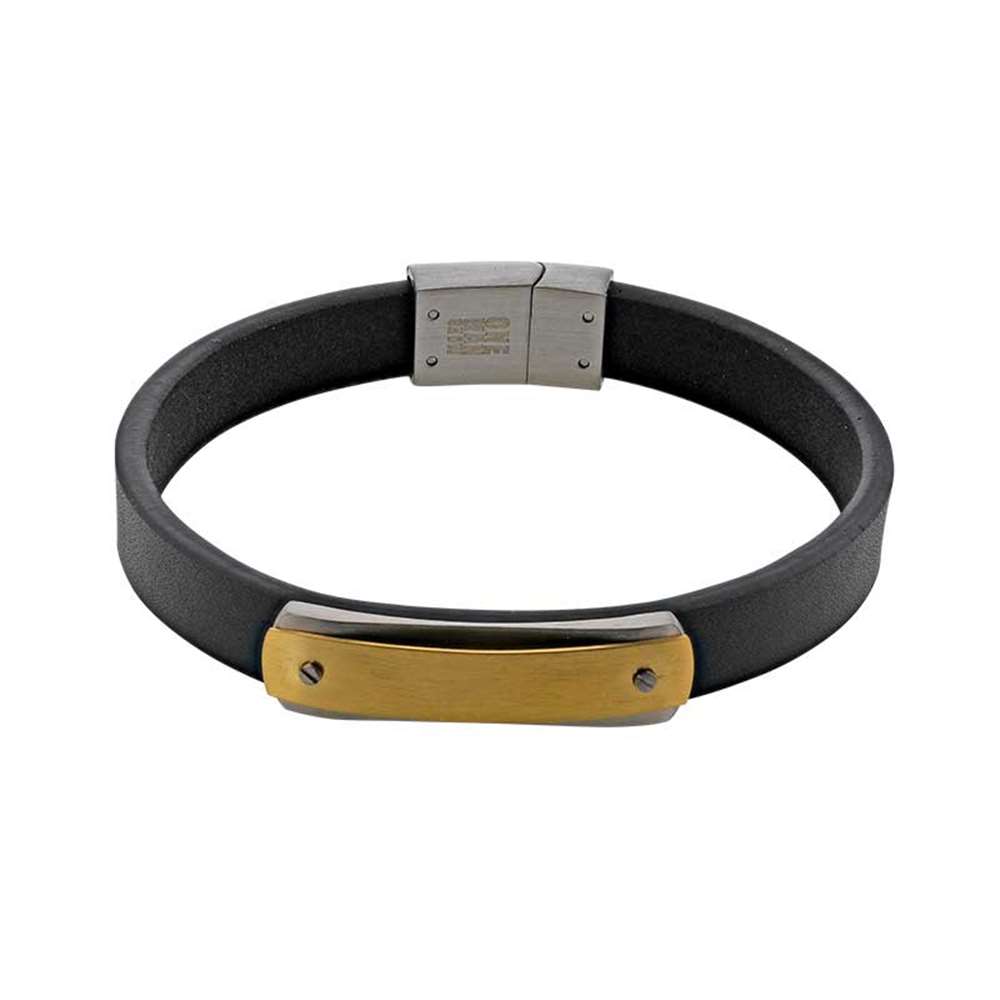 Bracelet Acier et Acier doré cuir de bovin noir (318459N) - Homme