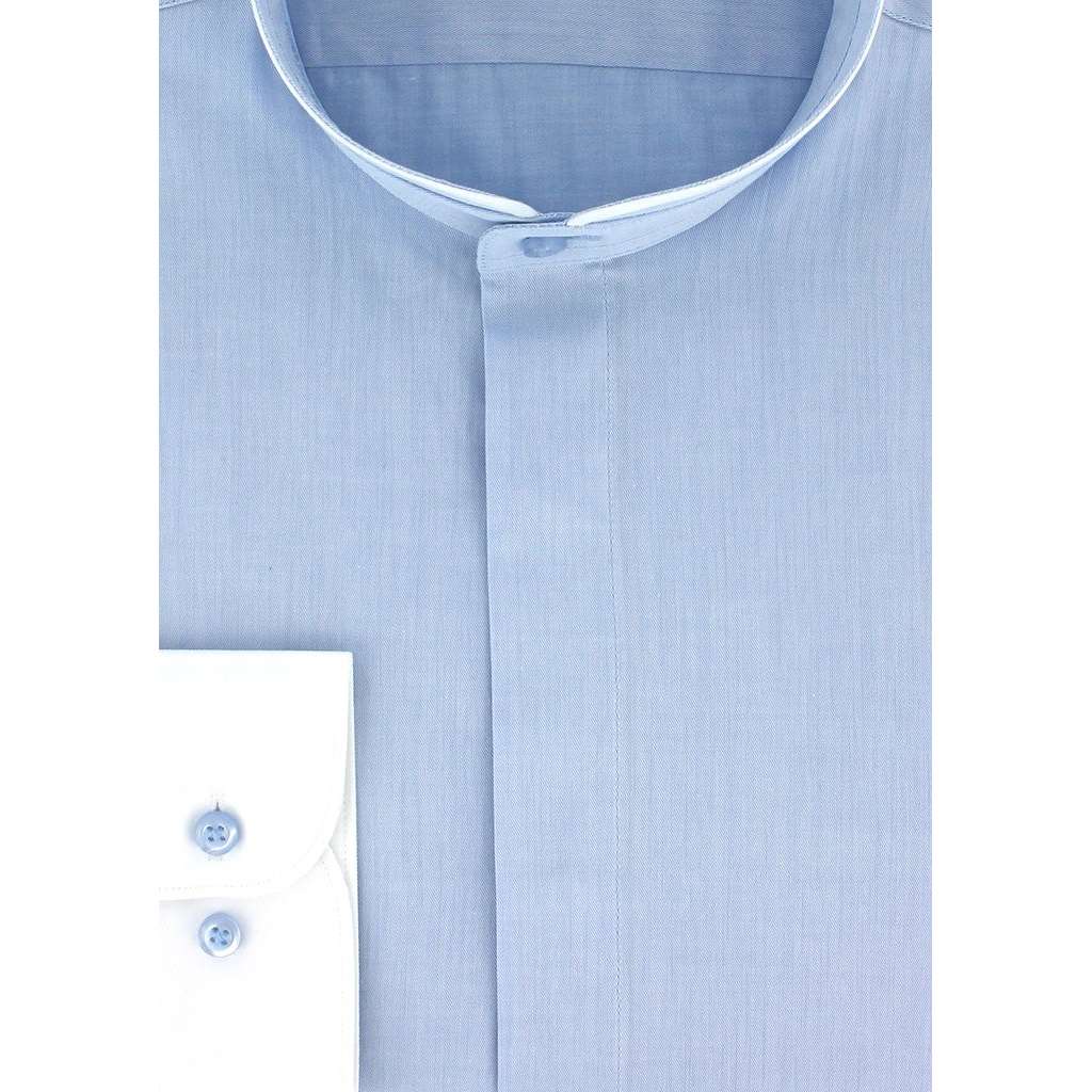 Chemise cintrée col Mao bleu ciel biais blanc - Homme